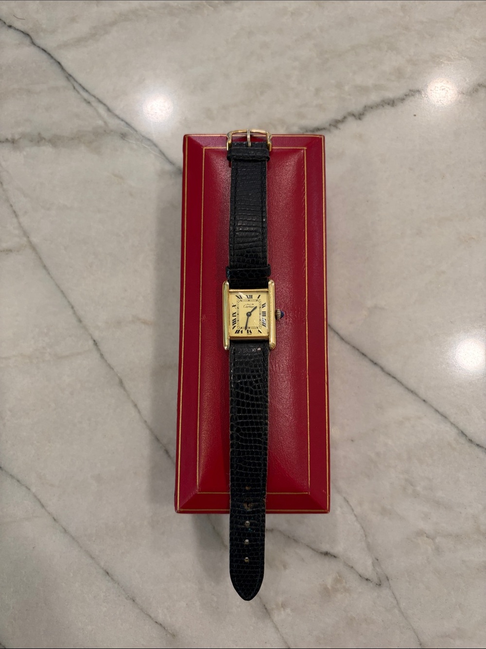 Cartier de Must Women’s Gold-Vermeil Tank Watch with Black Leather Strap VINTAGE - Picture 1 of 13